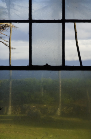 Broken window, Huialoha Church, Mokulau