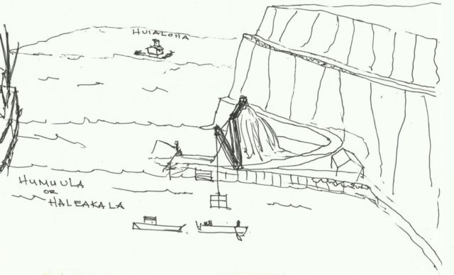 Sketch of Mokulau Landing by Kaupo native Daniel Kawaiaea. Humuula and Haleakala were the names of interisland steamers.