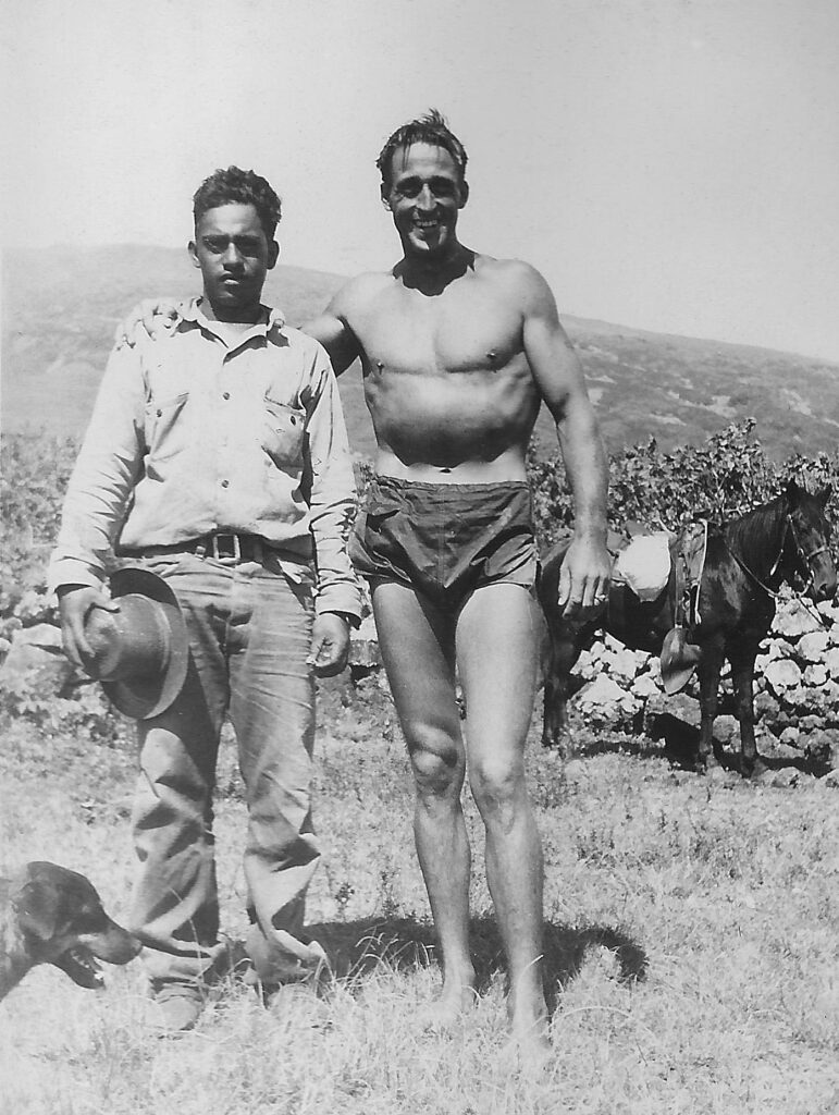 Abel Kawaiaea and Gene "Tarzan" Smith, Mokulau, Kaupo, October 25, 1945.